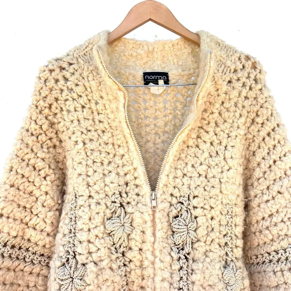 Vintage Norma Canada Sweater Chunky Knit Crochet Boho Beige Wool Full Zip Small